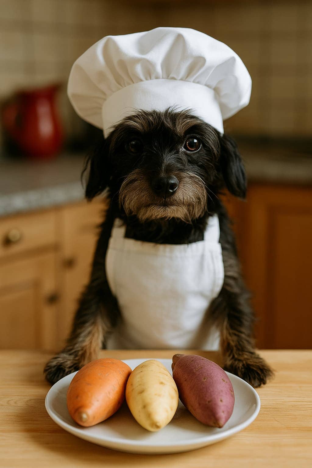 Cookie dressed as a tiny chef exploring healthy sweet potato options for dogs