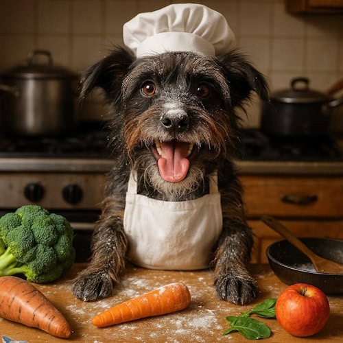 Cookie in a messy kitchen covered in flour, exploring simple and healthy food ideas for dogs