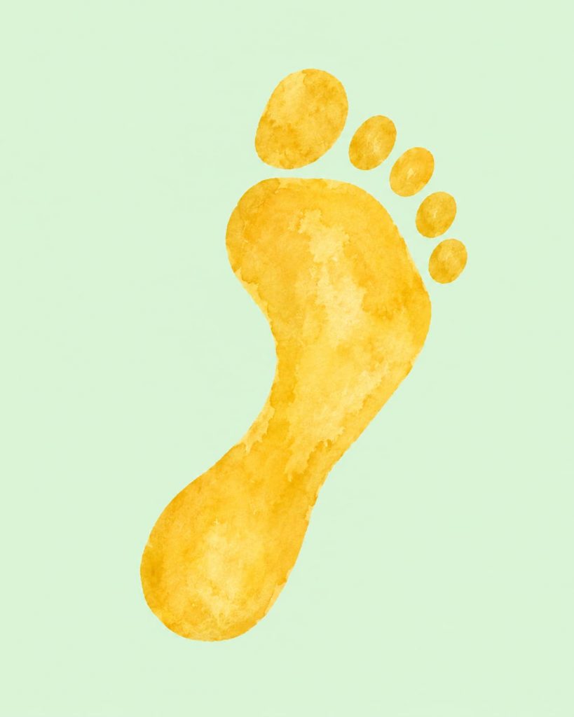 Watercolour human footprint in gold on a mint green background